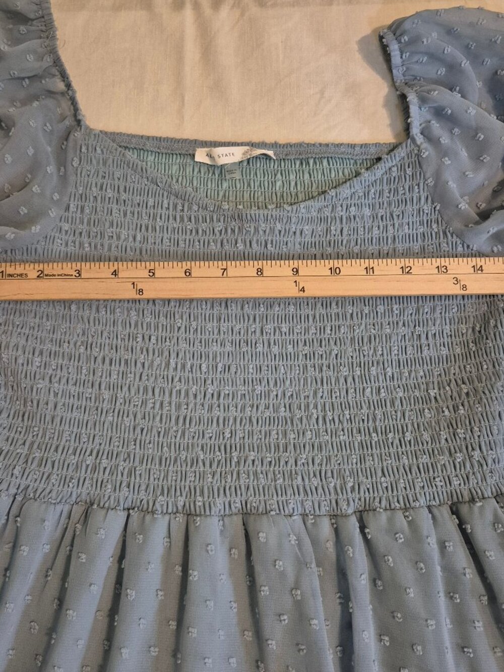 Altar'd State Oisin Babydoll Mini Dress Blue Smocked Swiss Dot Sheer Sleeve Boho - Picture 5 of 13